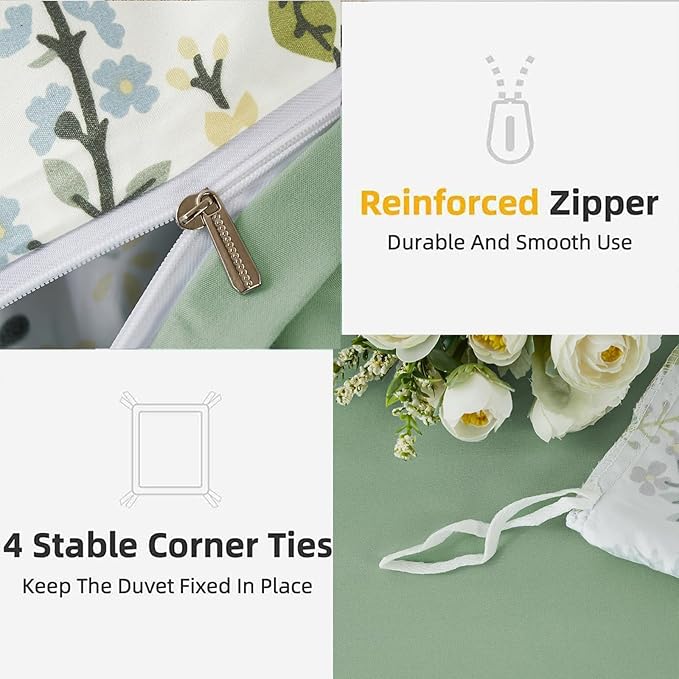 Green Floral Duvet Cover Queen Size Botanical Comforter Kids Boys Girls 3 Pieces Garden Style Vintage Flower Aesthetic Chic Soft Microfiber Bedding Set with Zipper Ties