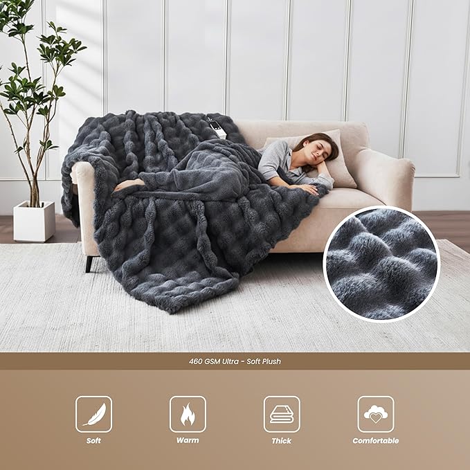 Heated Blanket Throw 50''x60'', Fast Heating Electric Blanket Ultra-Soft Faux Rabbit Fur with 5 Heat Levels & 5H Auto Shut-Off, Overheat Protection, Machine Washable
