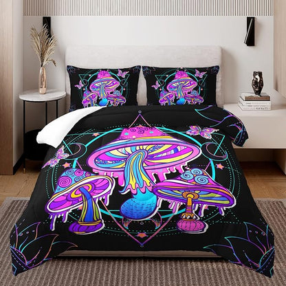 HOSIMA Mushroom Bedding Comforter Sets, Forest Fungi Plant Theme Cartoon Butterfly Mushroom Decor Toddler Comforter Set,Magic Hexagram Black King Size Comforter with 2 Pillowcases.