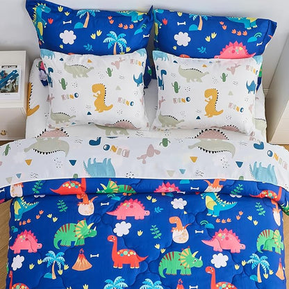 Wajade 7 Piece Kid Boys Dinosaur Comforter Set Full Size 3D Blue Dinosaur Wild Park Jungle Print Bedding Set with Comforter, Sheet Set, Pillowcase and Sham