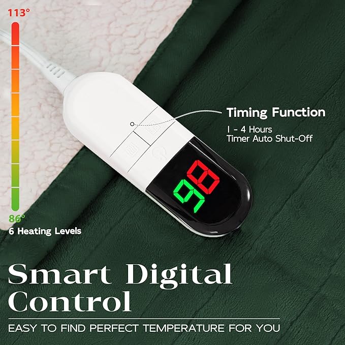 Heated Throw Blanket 50"×60" - Premium Cosy Soft Electric Blanket with 6 Heating Levels,Fast Heating Flannel Sherpa Blanket for Bed & Couch - Auto Shut Off/Machine Washable (Green)