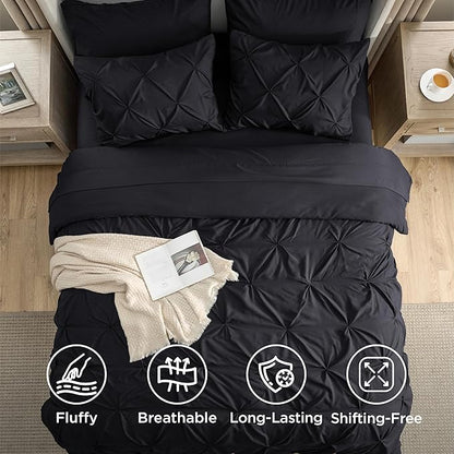 Bedsure Oversized King Comforter Set Black - Bed in a Bag Bedding Set 7 Pieces, GentleSoft™ Pintuck Bed Set Gift for Family, Pinch Pleat Black Comforter with Sheets, Pillowcases & Shams
