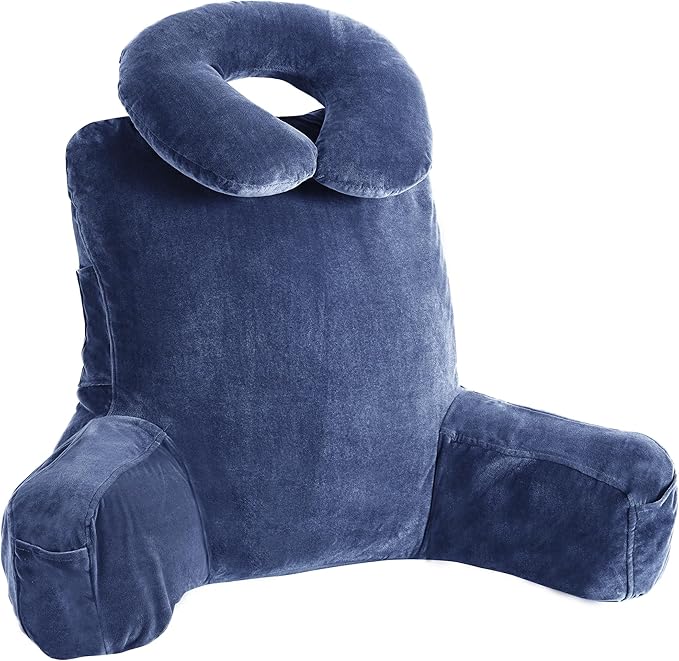 Rengue 31" Large Ergonomic Bed Rest Pillow, Reading Pillow with Arms Detachable Neck Roll Reading Pillow with Pockets for Sitting in Bed Couch (Blue)