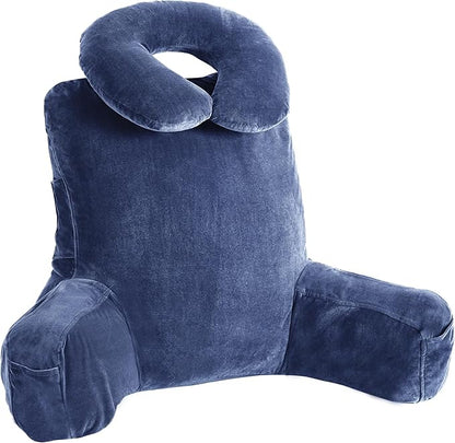 Rengue 31" Large Ergonomic Bed Rest Pillow, Reading Pillow with Arms Detachable Neck Roll Reading Pillow with Pockets for Sitting in Bed Couch (Blue)