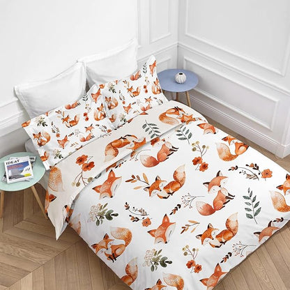 Fox Bedding Set 3 Pieces Queen Size Fox Duvet Cover Comforter Cover Sets with 2 Pillowcases for Boys Girls Teens Men Women