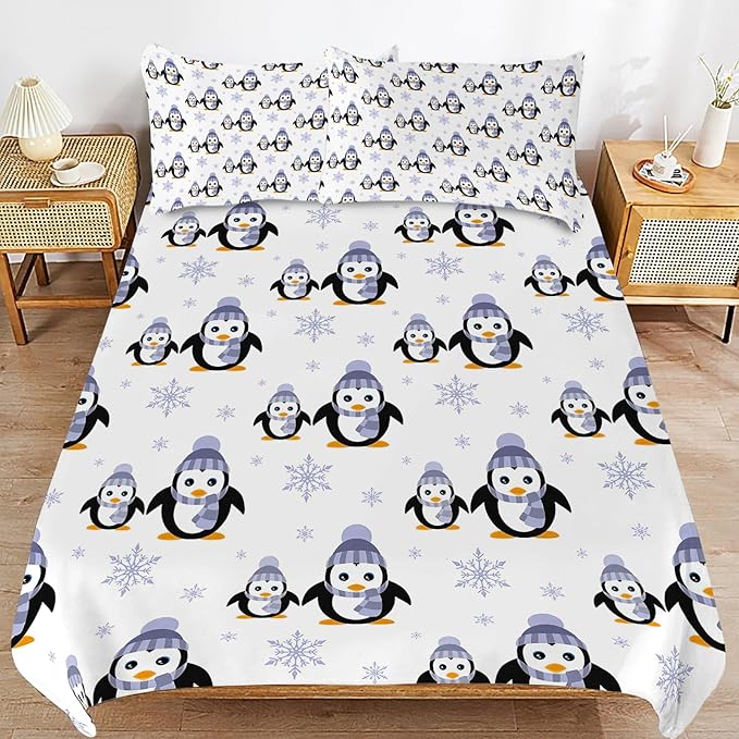 Penguin Bedding Set Cartoon Penguin Animal Theme Comforter Set Covers for Kids Teens Women Penguins Duvet Cover Bedroom Decor Soft King Size Quilt Cover with 2 Pillowcases