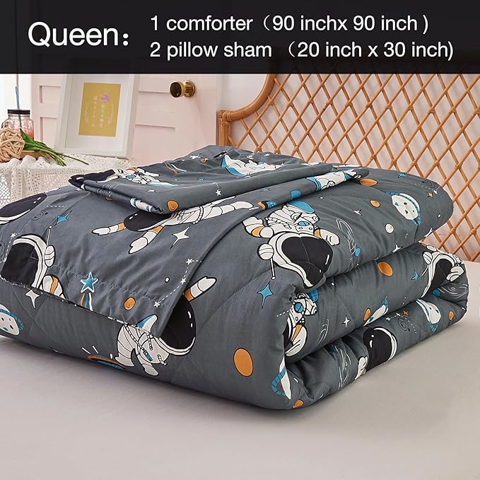 JSD Grey Astronaut Kids Comforter Set Queen Size, 3 Piece Space Theme Microfiber Comforter with Pillow Sham, Machine Washable