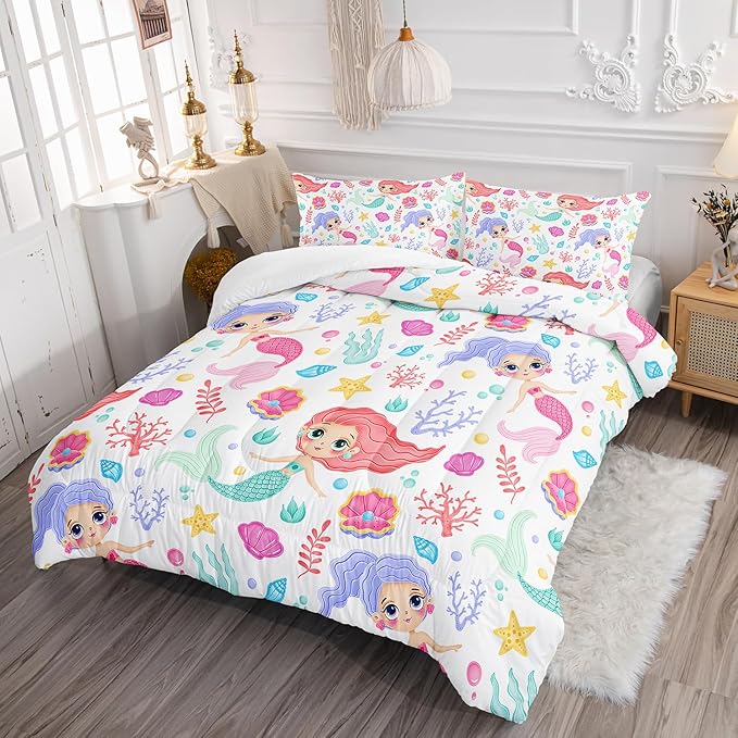 Mermaid Comforter Set Full Size Fairy Tale Sea Shell Grass Bedding Set Starfish Quilt Bed Set for Kid Girls with 1 Comforter and 2 Pillowcases