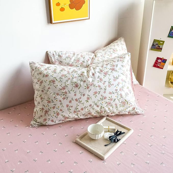 BuLuTu Pink Floral Duvet Cover Twin 100% Cotton Duvet Covers Set for Women Teen Girls Apricot Blossom Pink Flowers Reversible Twin Comforter Cover Garden Style Bedding Set,Zipper,Easy Care