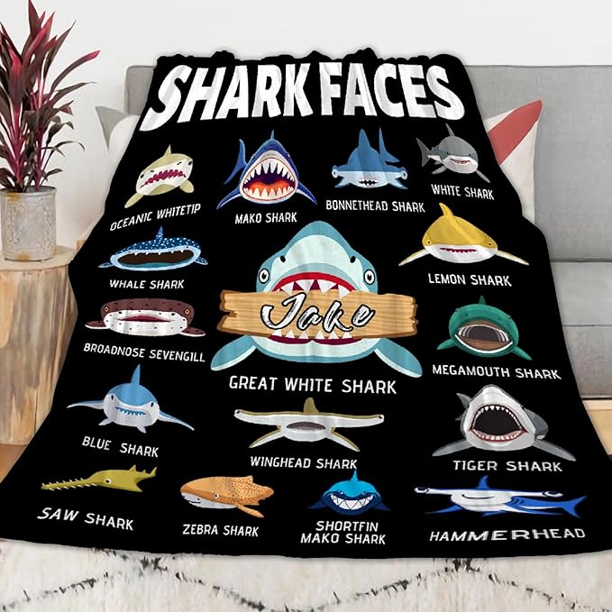 Custom Shark Faces Blankets Gifts for Birthday Son Daughter Brother Friends On Bed Sofa,Personalized Premium Flannel Blankets for Christmas Thanksgiving, All Season Use 50''x 60'' -M