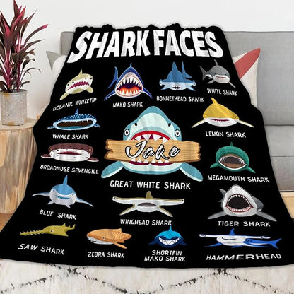 Custom Shark Faces Blankets Gifts for Birthday Son Daughter Brother Friends On Bed Sofa,Personalized Premium Flannel Blankets for Christmas Thanksgiving, All Season Use 50''x 60'' -M