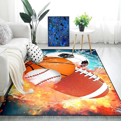 Basketball Rug for Boys Bedroom 5'x7' Kids Football Carpet Water Fire Sports Rugs for Boys Bedroom Baseball, Soccer Rug for Playroom Living Room Decor Sofa Mat