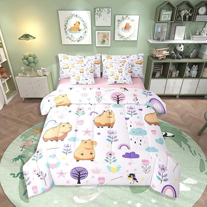 Erosebridal Queen Bed in a Bag Floral Capybara Comforter Set with Sheets 7Pieces All Season Cartoon Animal Bedding Sets with Comforter, Cushion Covers, Flat Sheet, Fitted Sheet and Pillowcase