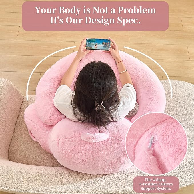 Reading Pillow for Bed,U Shaped & Back Support Pillow for Bed,19" Backrest with Lumbar & Arm Support,Luxurious Faux Rabbit Fur,Gaming PillowFor Crochet/Reading/Watching TV,Pink