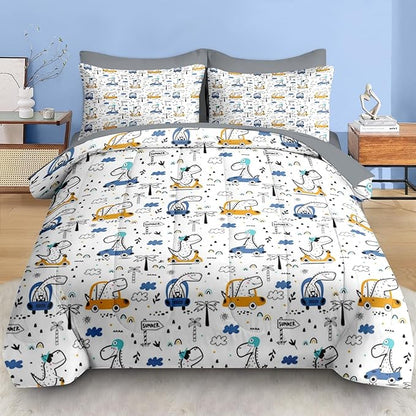 Comforter Set Twin Size, Funny Car Dinosaur 5 Pcs Bedding for Kids and Adults, Adventure Nursery Dino Bed Sheet Sets with Fitted Sheet Pillowcase & Sham for Bedroom Bed Decor