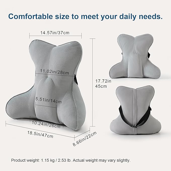 Lumbar Support Pillow – Multi-Functional Ergonomic Back Cushion for Office Chair, Car Seat & Sofa, Reading Pillow with Firm Multi-Zone Support to Relieve Lower Back Pain,Zinc Gray