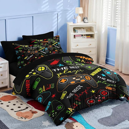 Nesker 7 Pcs Comforter Set Full Size, Colorful Bedding for Kids Teen, Game Gamepad Gaming with Fitted Sheet 2 Pillowcases & 2 Shams for Bedroom Bed Decor