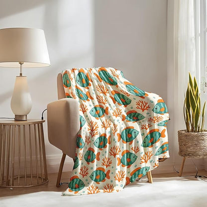 Fish Ocean Blanket Gifts for Boys Girls Kids, Cute Sea Animal Coral Warm Soft Flannel Throw Blankets for Travel, Sofa, Living Room, Bedroom Decor, 60x80 in