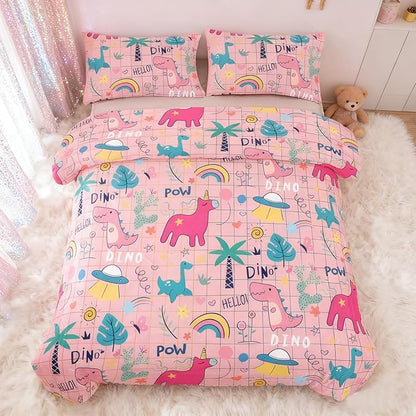 Peopleareok Cartoon Dinosaur Comforter Set Twin (68x86 Inch) for Girls, 2 Pieces Dinosaur Bedding Set for Girls Teens, Super Soft Lightweight for All Seasons, 1 Quilt 1 Pillow Cases