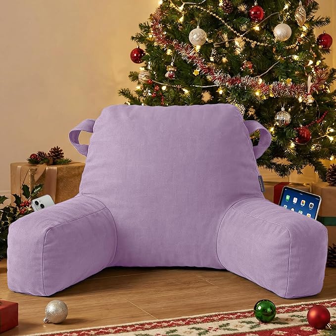 Portable Comfy Reading Pillows for Bed Sitting Up(Lavender Purple Oeko-Tex), Velvet Back Pillow with Arms & Pockets for Adults, Support Memory Foam Bed Pillow for Dorm/Reading/Watching/Gaming