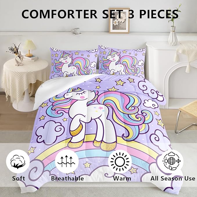 Axolotl Rainbow Unicorn Bedding Set King,Purple Unicorn Kids Comforter Set for Girls,Colorful Rainbow Bedding for Kids Teens Adults,Cartoon Stars Cloud Comforter,1 Quilt with 2 Pillowcases All Season