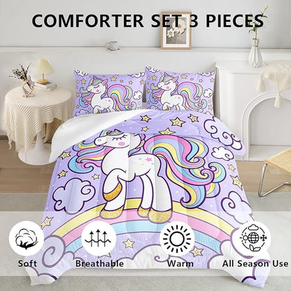 Axolotl Rainbow Unicorn Bedding Set King,Purple Unicorn Kids Comforter Set for Girls,Colorful Rainbow Bedding for Kids Teens Adults,Cartoon Stars Cloud Comforter,1 Quilt with 2 Pillowcases All Season