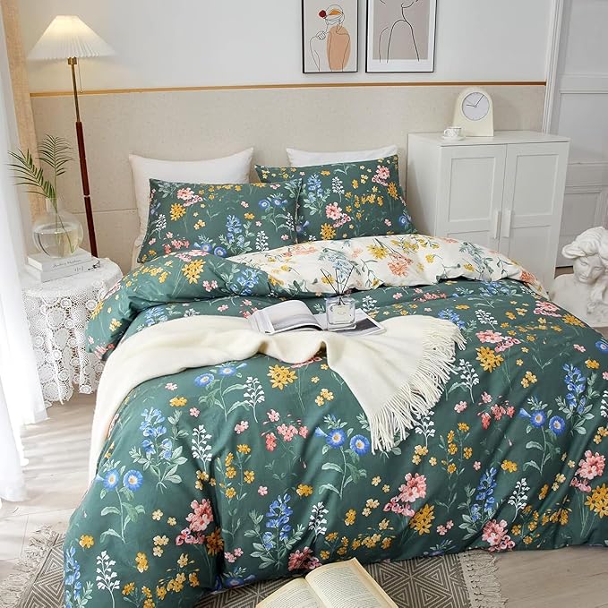 Floral Duvet Cover Full Size Vintage Floral On Green Bedding Set 3 Pieces Women Men Romantic Pink Blue Flower Ultra Soft Reversible Fall Duver Cover with 2 Pillowcases