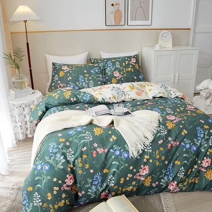Floral Duvet Cover Full Size Vintage Floral On Green Bedding Set 3 Pieces Women Men Romantic Pink Blue Flower Ultra Soft Reversible Fall Duver Cover with 2 Pillowcases