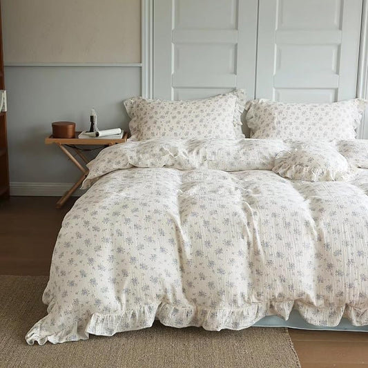 BuLuTu Muslin Cotton Ruffles Duvet Cover Set Twin, Chic Shabby Toddler Kids Twin Bedding Set - Blue Floral Comforter Cover 68"x86"+ 2 Pillowcases, Fressia Pattern, Zipper Closure, 4 Ties