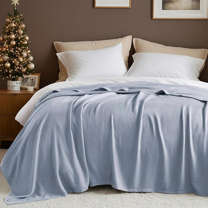 Twin Size Blanket, 70% Rayon (Derived from Bamboo) and 30% Cotton, Lightweight Jacquard Weave, Breathable and Soft Summer Blanket for Bed or Couch, 66” x 90”, Light Blue