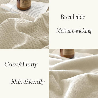 CHUFFED Cotton Waffle Blanket Throw Size - Plush Milk Velvet & Reversible Waffle Weave,Anti-Static 500Gsm Design，Thick Cozy Soft Winter Blanket for Bed, Couch, Sofa - Beige, 50x70 Inches