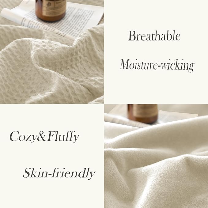 CHUFFED Cotton Waffle Blanket King Size - Plush Milk Velvet & Reversible Waffle Weave,Anti-Static 500Gsm Design，Thick Cozy Soft Winter Blanket for Bed, Couch, Sofa - Beige, 104x90 Inches