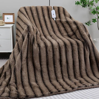 Heated Blanket Electric Throw- 50"x60" Soft Thick Faux Fur Electric Blanket for Sofa with 5 Heat Levels & 4 Hours Auto-Off Overheat Protection, Warm Cozy Gifts, Brown