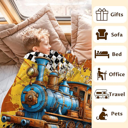 Boys Blanket Gifts Personalized Train Blankets for Kids Teens Adults - 60" x 80" Custom Name Cool Car Themed Soft Lightweight Flannel Throws for Couch, Sofa, Bedroom Decor