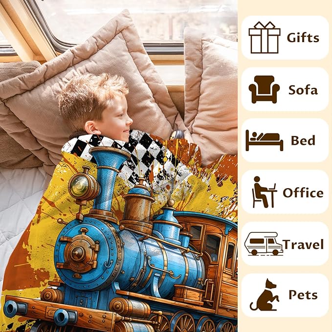 Blanket for Boys, Personalized Train Throw Blanket Gifts for Kids Boys Age 6-8, 40"x50" Cute Custom Flannel Blankets Gift for Son Cars Lovers Lightweight Throws for Couch Sofa Bed Decor