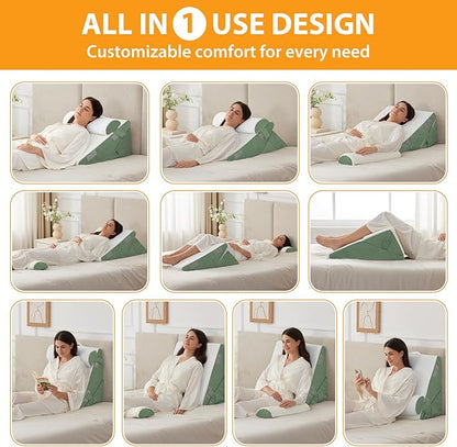 3PCS Wedge Pillow Set for After Surgery, Adjustable 9&12 Inch Bed Wedge Pillow for Sleeping, Incline Pillow Wedge for Headboard, Post Surgery, Acid Reflux, Neck&Back Support, Green