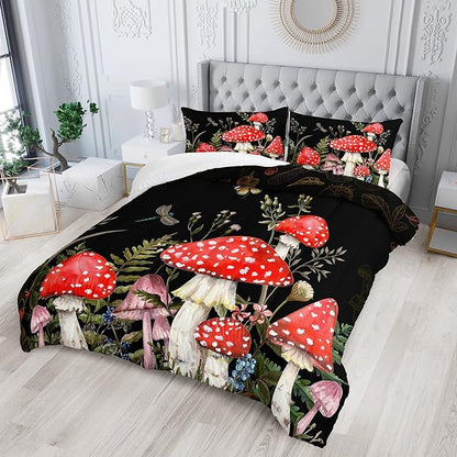 Red Mushroom Kawaii Comforter Set Full Size Kids Mushroom Dragonfly Bedding Set Botanical Plant Theme Print Quilt Bed Set for Boys Girls Adults with 1 Comforter and 2 Pillowcases