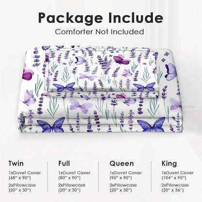 Lavender Bedding Set 3 Pieces Queen Size Purple Butterfly Duvet Cover Comforter Cover Sets with 2 Pillowcases for Boys Girls Teens Women