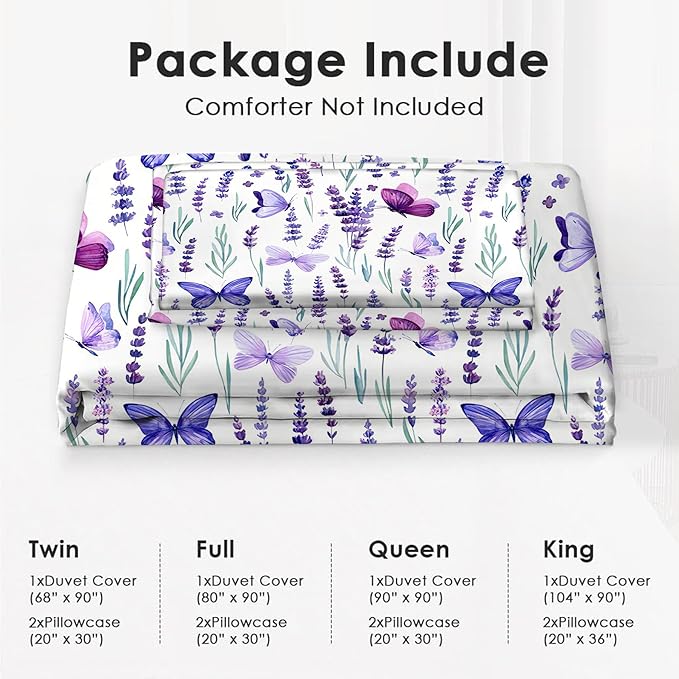 Lavender Bedding Set 3 Pieces Full Size Purple Butterfly Duvet Cover Comforter Cover Sets with 2 Pillowcases for Boys Girls Teens Women