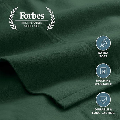 Bare Home Flannel Sheet Set 100% Cotton, Velvety Soft Heavyweight - Double Brushed Flannel - Deep Pocket (Queen, Forest Green)