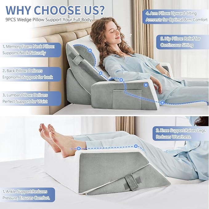 Yojoker 9PCS Orthopedic Bed Wedge Pillow Set for Sleeping, Back and Leg Pain Relief, Post Surgery Foam Pillow for Body, Triangle Adjustable Support Pillow - Acid Reflux Sleeping Pillows
