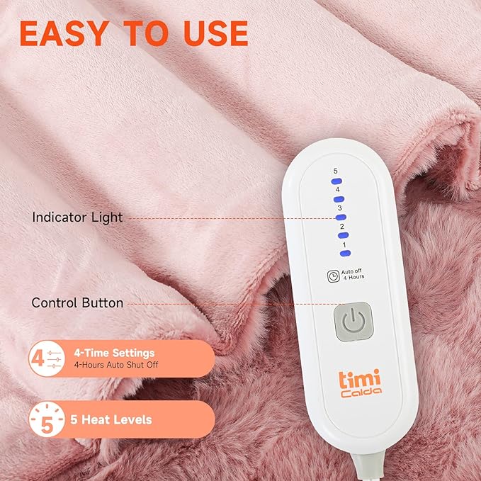 Heated Blanket Electric Throw- 50"x60" Soft Thick Bubble Electric Blanket for Sofa with 5 Heat Levels & 4 Hours Auto-Off Overheat Protection, Warm Cozy Gifts, Pink