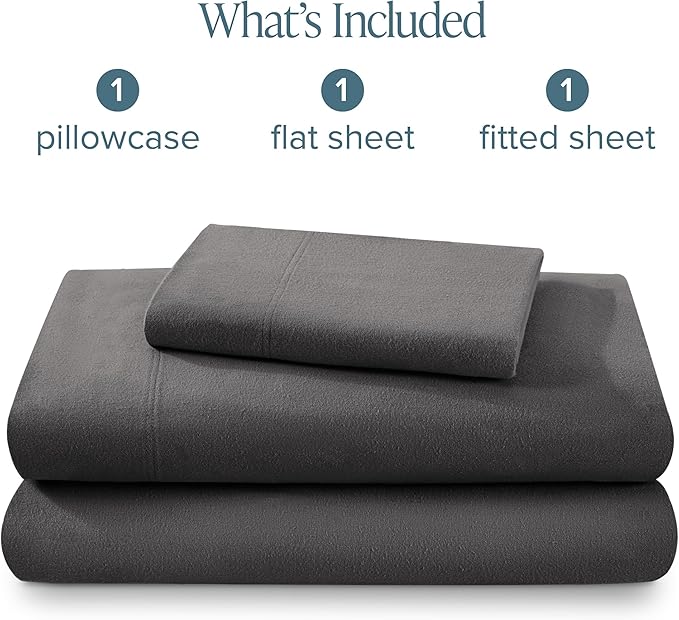 Bare Home Flannel Sheet Set 100% Cotton, Velvety Soft Heavyweight - Double Brushed Flannel - Deep Pocket (Twin, Grey)