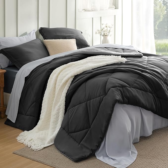 Bedsure Charcoal Grey Full Comforter Set - 7 Pieces Reversible Bedding, Full Size Bed Set for All Seasons, Bed in a Bag with Down Alternative Comforter, Sheets, Pillowcases & Shams