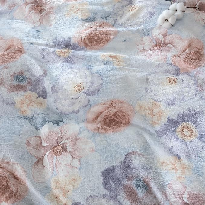 Jane yre King Flower Duvet Cover Soft Brushed Microfiber Crinkle Gauze 3 Pieces Bedding Set, Garden Style Peony Pattern King Duvet Cover Floral, with Zipper Closure Luxury Soft Breathable Comfy