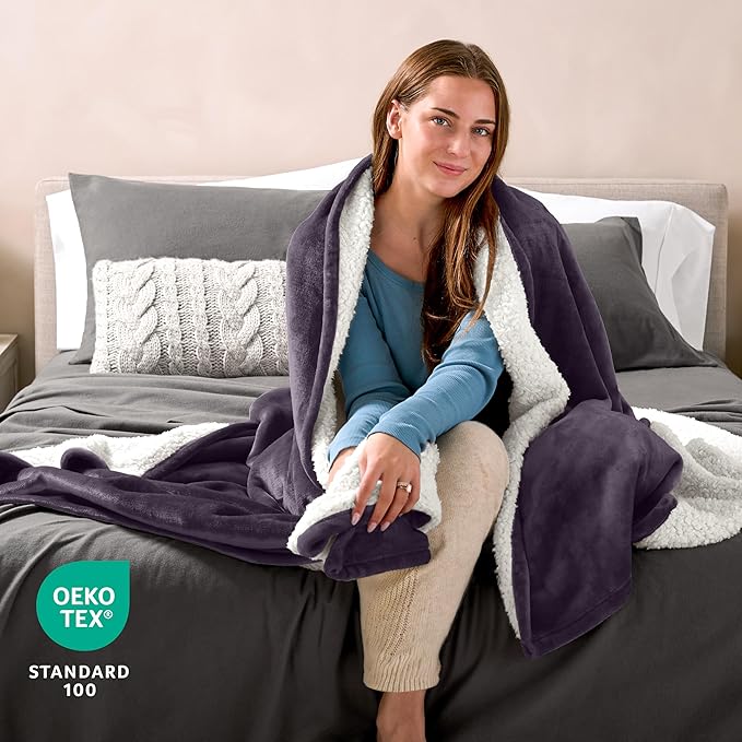 Bare Home Sherpa Fleece Blanket - Full/Queen Size - Blanket for Bed, Sofa, and Couch - Warm & Lightweight - Fluffy & Soft - Reversible (Full/Queen, Eggplant)