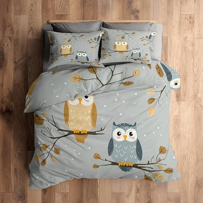 Owl Duvet Cover Queen Size, Kids Boys Girls Bedding Set 3 Pcs (2 Pillow Shams), Super Soft Microfiber Bedroom Decor, Zipper & Ties CSXQ1246
