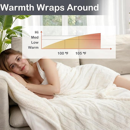 Electric Heated Blanket Throw Size 50" x 60", Super Cozy Warmth Soft with 4 Heating Levels & 10 Hours Auto Off, Plush Faux Fur, Machine Washable, Home Office Use, Striped White