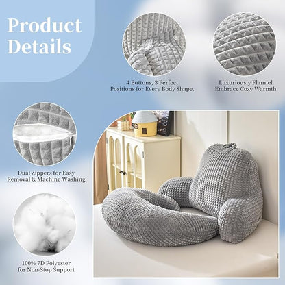 Reading Pillow for Bed,U Shaped & Back Support Pillow for Bed,19" Backrest with Lumbar & Arm Support,Comfy Flannel Fabric,Lap Pillow for Gaming/Reading/Watching TV,Gray