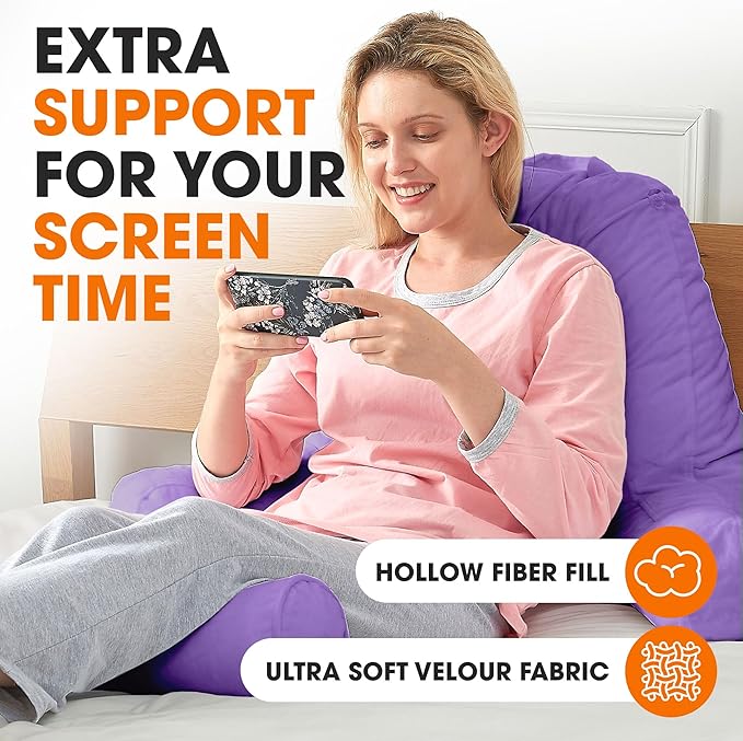 Cheer Collection Reading Pillow Chair - Chair Pillow with Arms and Detachable Neck Bolster for Bed & Couch - Machine Washable, Purple